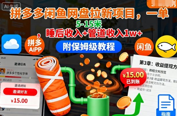 拼多多闲鱼网盘拉新项目,一单5-15米,睡后收入+管道收入1w+(附保姆级教程)-99网创站