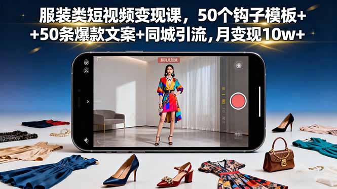 服装类短视频变现课，50个钩子模板+50条爆款文案+同城引流，月变现10w+-99网创站