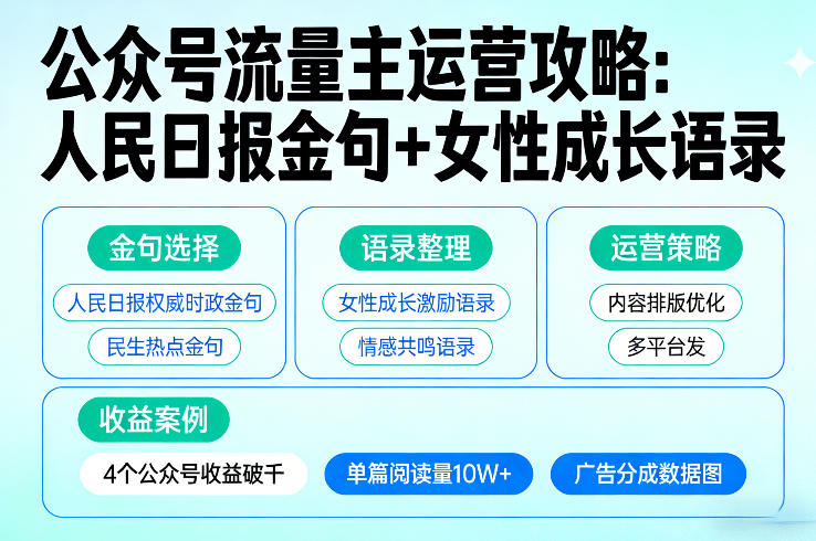 利用人民日报金句+女性成长语录做公众号流量主,4个公众号收益破千-99网创站