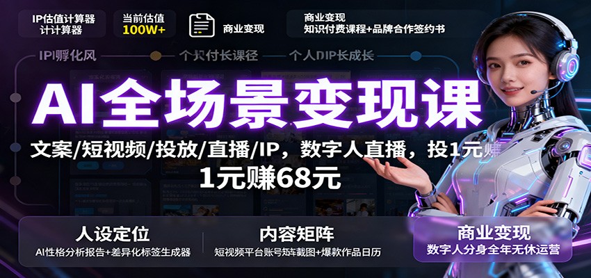 AI全场景变现课:文案/短视频/投放/直播/IP,数字人直播,投1元赚68元-99网创站