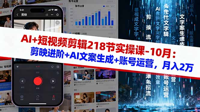 AI+短视频剪辑218节实操课-10月:剪映进阶+AI文案生成+账号运营,月入2万-99网创站