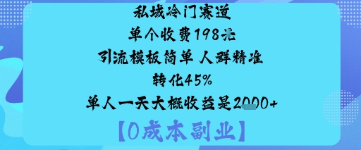 私域冷门赛道:单个收费198米引流模板简单人群精准转化45%单人一天大概收益是1k+-99网创站
