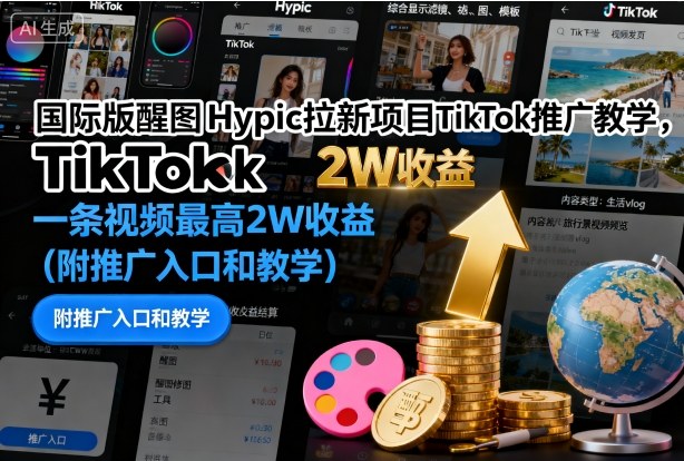 国际版醒图Hypic拉新项目TikTok推广教学,一条视频最高2W收益(附推广入口和教学)-99网创站
