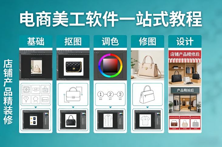 电商美工软件一站式教程,基础/抠图/调色/修图/设计,店铺产品精装修-99网创站