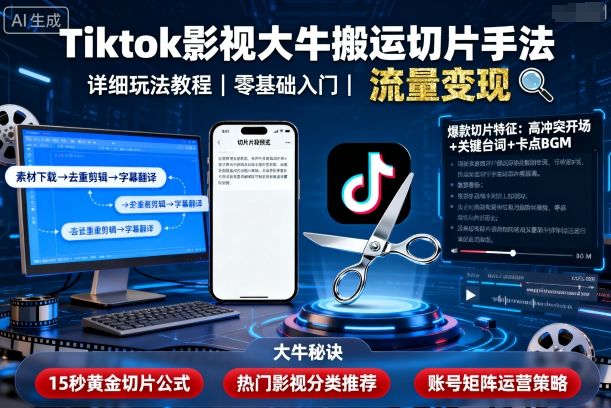 Tiktok影视大牛搬运切片手法，详细玩法教程-99网创站