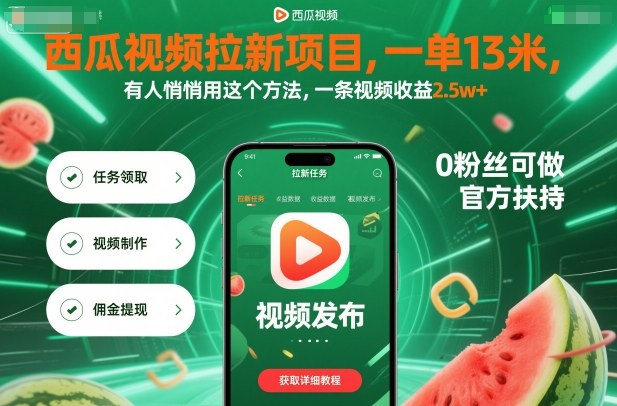 西瓜视频拉新项目，一单13米，有人悄悄用这个方法，一条视频收益2.5w+(附详细教程)-99网创站