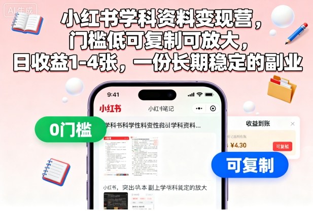 小红书学科资料变现营，门槛低可复制可放大，日收益1-4张，一份长期稳定的副业-99网创站