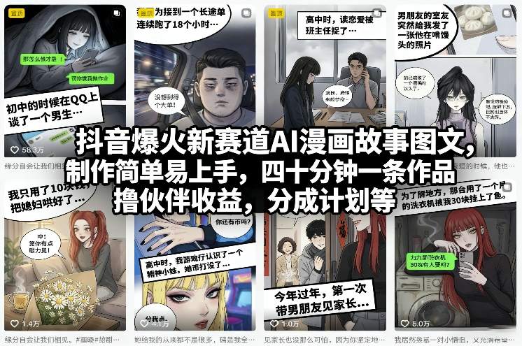 抖音爆火新赛道AI漫画故事图文，制作简单易上手，四十分钟一条作品，撸伙伴收益，分成计划等-99网创站