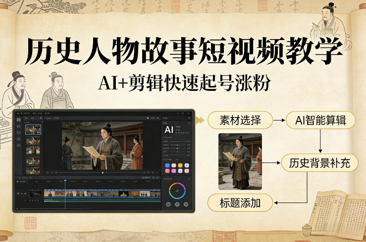 历史人物故事短视频教学，AI+剪辑制作历史人物题材短视频，快速起号涨粉-99网创站